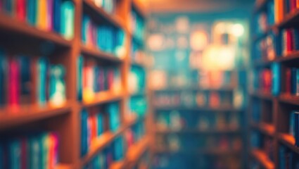 Poster - An inviting study space with a blurred bookshelf showcasing vibrant books and warm ambiance