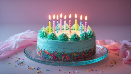 Poster - Sweet birthday treat with candles set on table backdrop