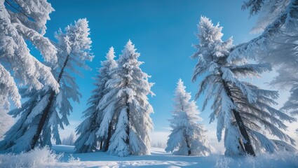 Poster - Trees with frost-covered branches juxtaposed with a clear blue sky on a bright, crisp winter day outdoors