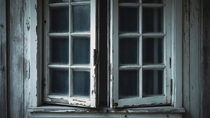 Aufkleber - Front view of an aged building with a white-framed window having corrugated glass. Wooden wall on the outside. Two sash windows in the view.