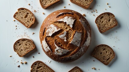 Aufkleber - Rye bread slices with crumbs alongside sliced multigrain bread on white backdrop