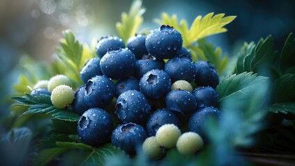 Aufkleber - Fresh, organic blueberries in full ripeness, ready for picking, with vibrant colors in a close-up shot