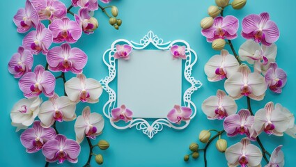 Poster - Charming orchid blooms on a soft blue background accompanied by a paper card note, highlighting a minimalistic, artistic floral design with colorful petals and a unique view, flat lay style.