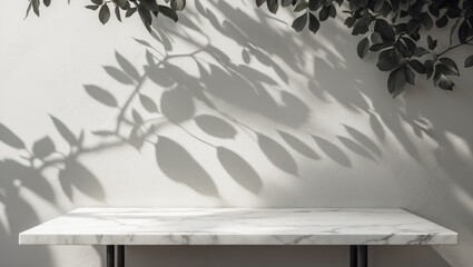 Poster - Textured Background Wall Featuring Leaf Shadows from Marble Table, Suitable for Product Presentation, Display, and Mock-Up.