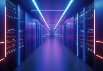 Poster - High-tech server corridor with vibrant neon blue and pink lights lining sleek server racks and ceiling panels. Perfect for AI, digital systems, or futuristic tech concepts