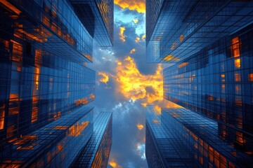 Poster - skyscrapers reaching towards the sky with beautiful clouds above them