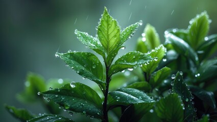 Poster - Lush green leaves present glistening water beads, reflecting gentle light in a calm, verdant environment.