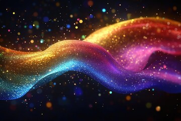 Poster - Abstract iridescent wavy form with glittering particles.