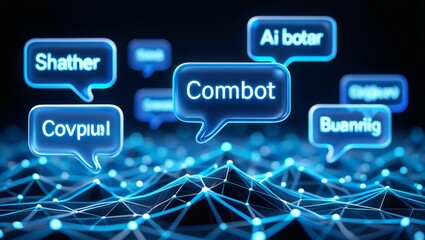 Abstract communication technology with glowing speech bubbles displaying futuristic data and information