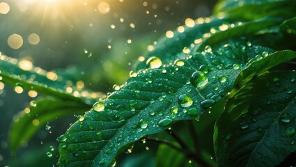 Poster - Beautiful outdoor environment with macro water droplets, lush greenery, and vibrant sunlight illuminating leaf textures