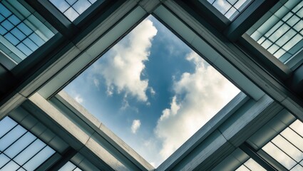 Poster - Concrete square windows with shadows and lines in an abstract interior, viewed from below looking up at a cloudy sky