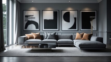 Poster - Elegant contemporary lounge with sectional seating, modern art, and minimalistic elements creating a cozy, harmonious environment
