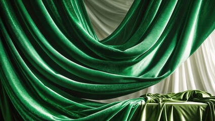 Poster - Wrinkled green fabric lays in folds atop a tablecloth-covered table.