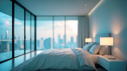 Poster - Elegant minimalist bedroom showcasing a wide glass window, natural sunlight, and a subtly blurred background for design use.