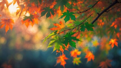 Poster - Detailed view of autumn leaves in shades of orange and green illuminated by sunlight showcasing seasonal charm