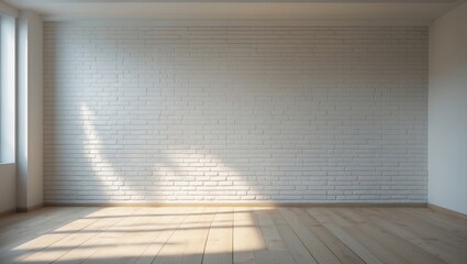 Poster - Room interior with a clean white brick wall and stylish wooden floor surface