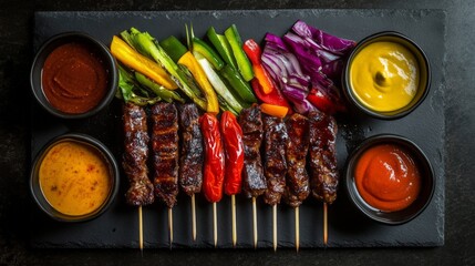 Poster - A top-down view of yakitori skewers served on a black slate plate, accompanied by colorful dipping sauces and garnished with fresh vegetables for a striking contrast.