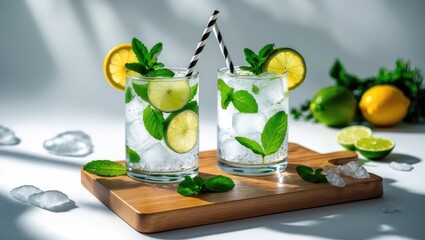 Poster - Tropical mojito drinks with lemon, lime, mint, and ice served on a wooden board for a refreshing summer vibe