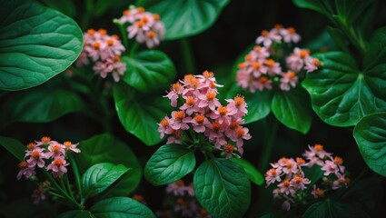 Poster - Macro shot of colorful pink flowers with fresh green leaves in an outdoor floral scene