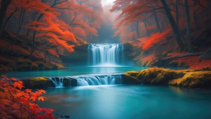 Poster - Vivid Fall Scene Capture: Waterfall, Orange Trees, and Colorful Leaves in a Long Exposure Landscape