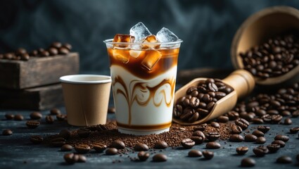 Aufkleber - Coffee beans with iced coffee and milk in a takeaway cup.