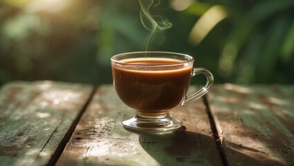 Poster - Glass of Indian masala chai, tea, or cacao on the table, close-up shot, modern healthy drink with space for copy
