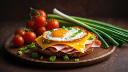 Poster - Gourmet breakfast sandwich with ham, cheese, and a fried egg served on toasted bread