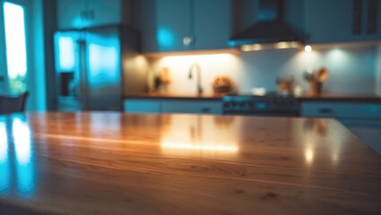 Aufkleber - Contemporary kitchen design with a wooden table and soft lighting