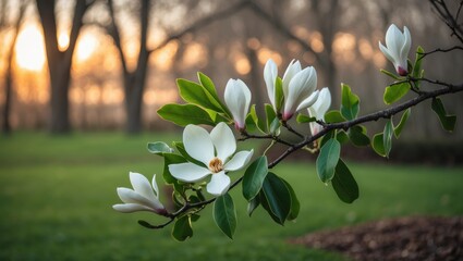 Poster - Magnolia flowers in full bloom showcasing delicate petals and lush green leaves against a vibrant garden background