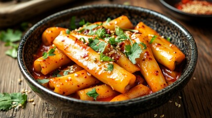 Poster - A vibrant presentation of tteokbokki served in a traditional dish, garnished with cilantro and chili flakes, creating an appetizing and inviting look for this Korean favorite.
