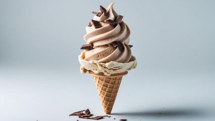 Aufkleber - Waffle cone filled with chocolate chip ice cream, placed on a white background.