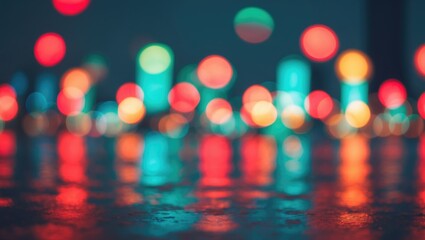 Poster - Dark urban background with bright, round bokeh and glowing reflections