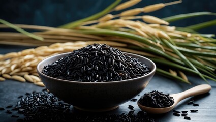 Poster - A dark table holds a bowl of black rice with a spoonful resting beside it.