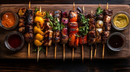 Poster - A vibrant shot of yakitori skewers arranged in a fan shape on a wooden board, garnished with fresh herbs and served with dipping sauces for a delightful presentation.