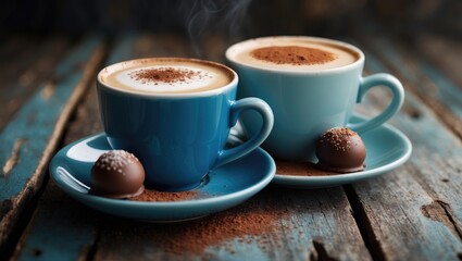 Poster - Two dark mugs containing hot coffee with foam on a natural wooden surface background