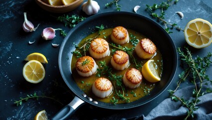 Aufkleber - Flavorful scallops served with sauce in a skillet with ingredients presented on a textured table