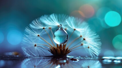 Poster - Captivating macro view of a water bead on a dandelion seed in nature. Bright and expressive artistic visualization.