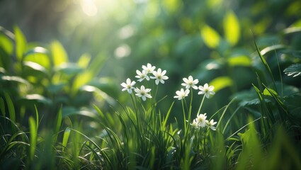 Aufkleber - Tiny white petals amid fresh green leaves in a summer garden.