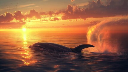 Poster - A whale spouting water from its blowhole as it surfaces, with a distant view of the ocean horizon and a soft sunrise or sunset lighting up the scene.
