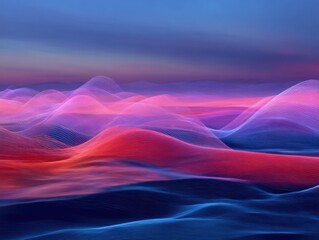 Wall Mural - abstract landscape of colorful wireframe hills at sunset; digital art background with vibrant gradie