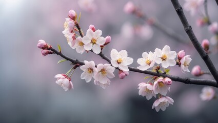 Poster - Dense cherry flower buds and early blossoms on a tree set against a soft, blurred spring background.