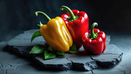 Poster - Sweet raw bell peppers displayed on a black background.