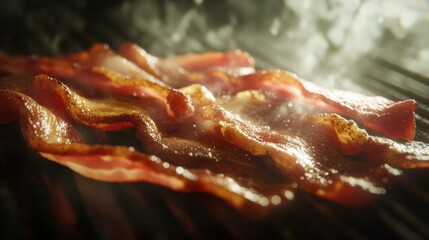 Poster - Bacon cooking on a grill, with detailed focus on the charred edges and marbled fat turning crispy under the heat.
