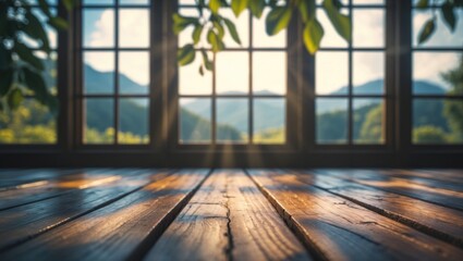 Poster - Landscape and leaves framing a wooden table top montage