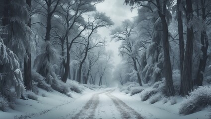 Poster - Peaceful snowy pathway in a forest setting under a cool, gray winter sky evokes tranquility and solitude.
