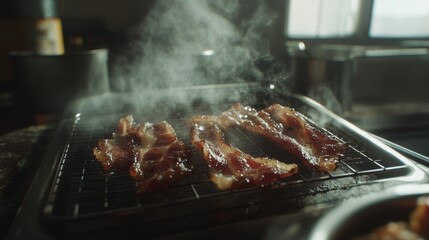 Poster - Bacon strips cooling on a wire rack after frying, with steam rising and the marbled fat glistening under the light.
