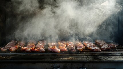 Poster - Bacon strips cooling on a wire rack after frying, with steam rising and the marbled fat glistening under the light.
