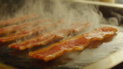 Poster - Bacon strips frying in their own fat on a griddle, with a close-up view of the sizzling edges and bubbling grease.