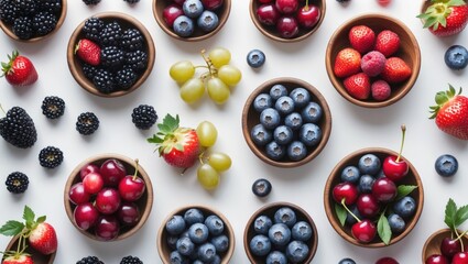 Poster - Juicy and sweet berries on white, featuring a collage of colorful fruits and berries