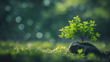 Aufkleber - Dark green bokeh background with a small tree emerging from a rock in the lower right corner, horizontal composition with room for text in an intimate scenic landscape